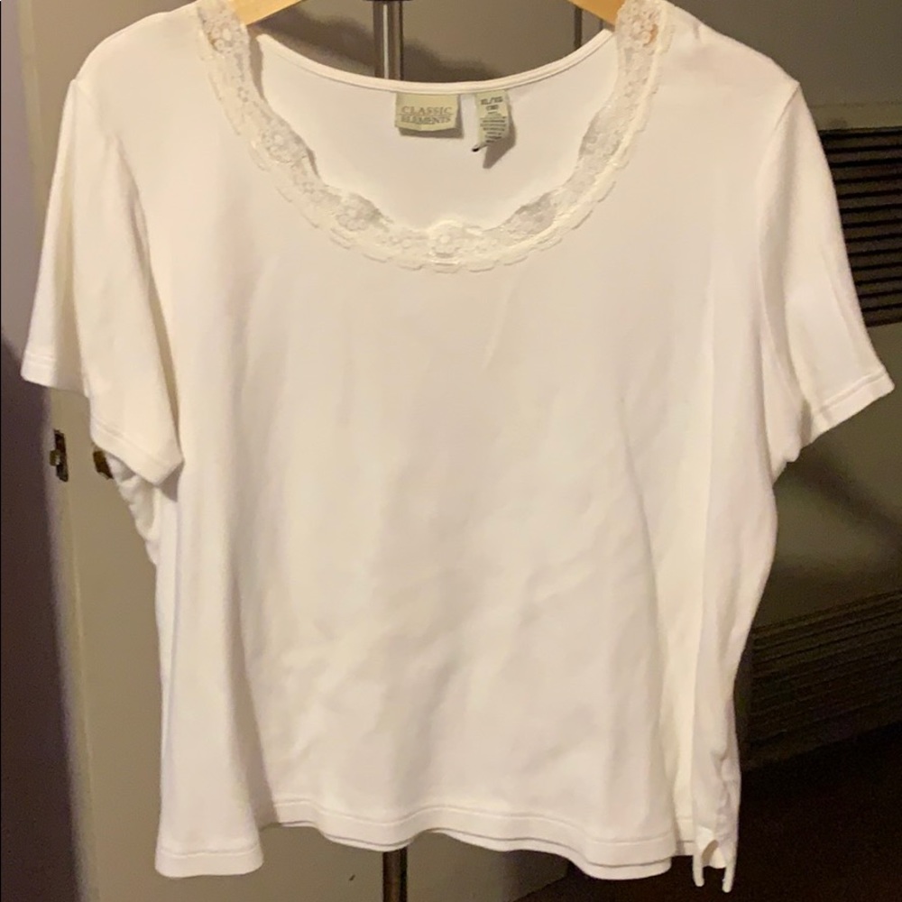 Classic Elements white tee with lace neckline